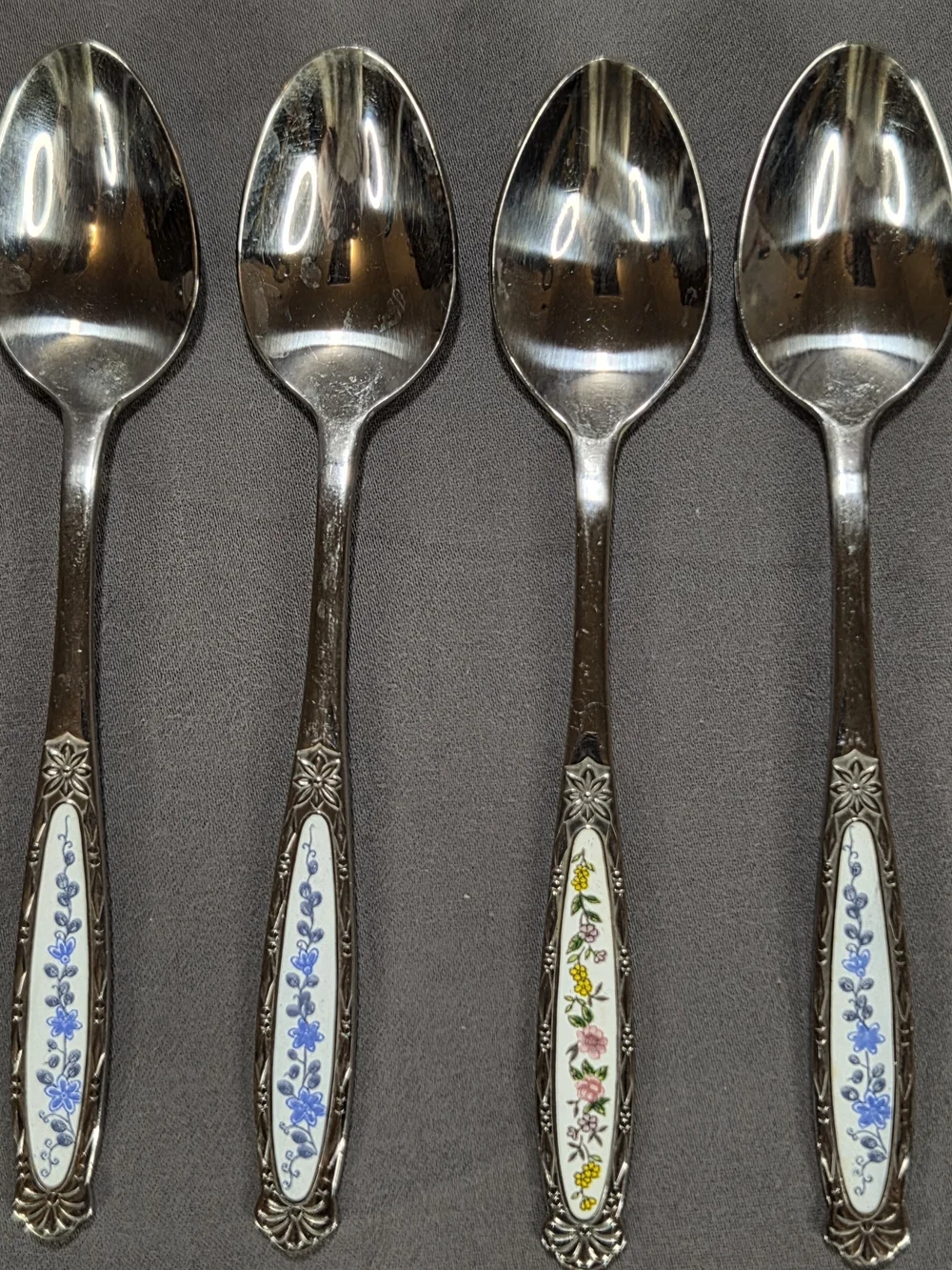 Vintage Korean Cloisonne Enamel Floral Stainless Steel Tea Spoons Dongyang